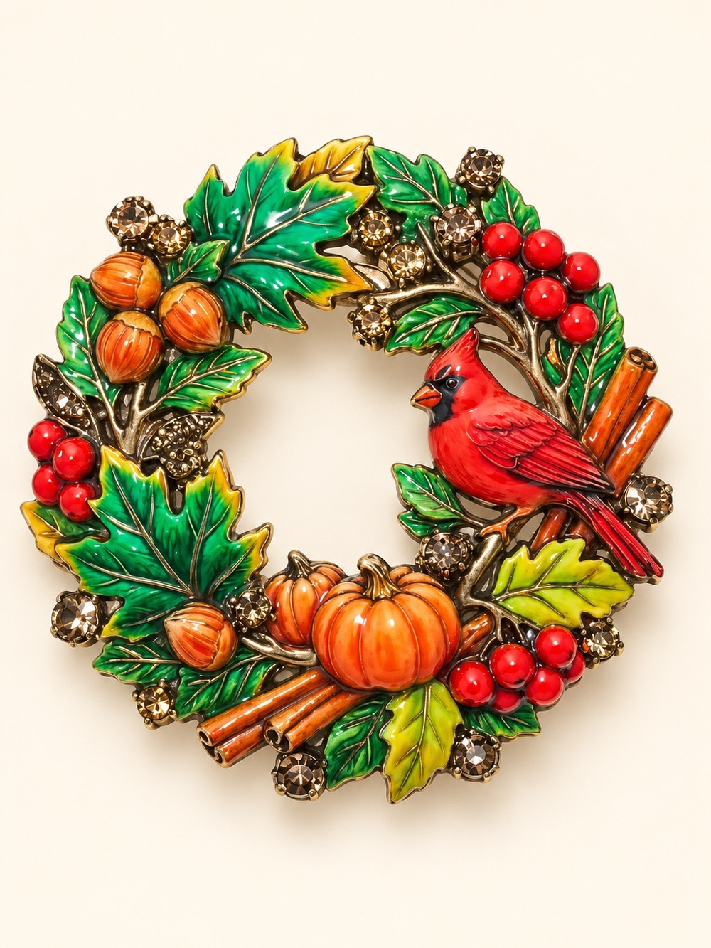 Red Cardinal Green Wreath Enamel Brooch